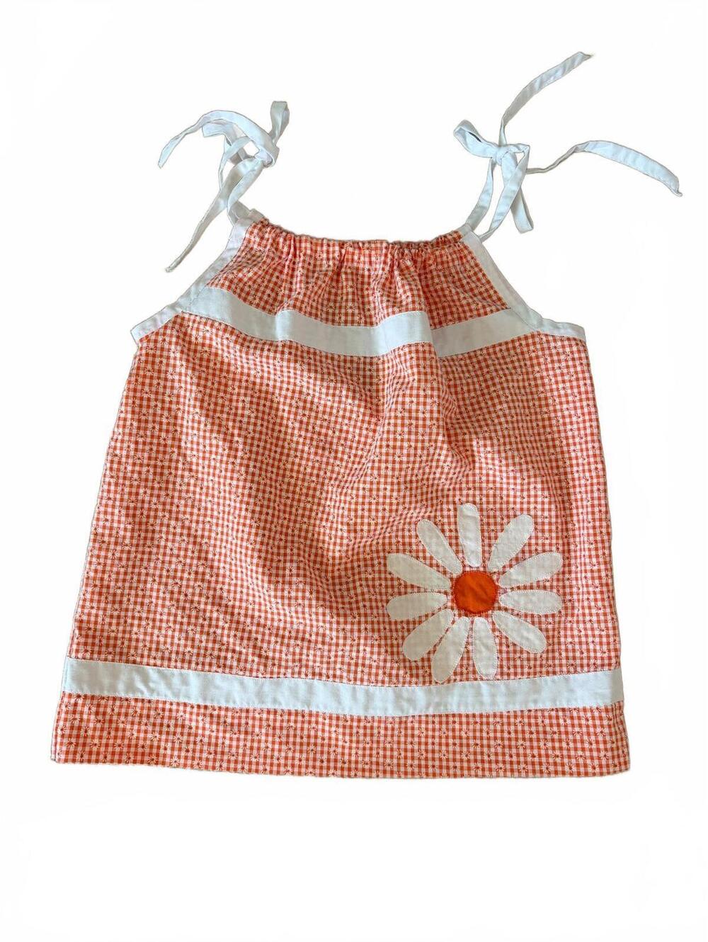 Girls Orange & White Gingham Top Size L Tie Shoulder Daisy Applique